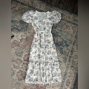 Moon River Floral Puff Sleeve Dress - White and Blue